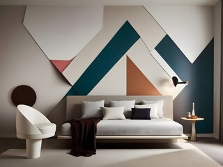 Stylish Bedroom Interior with Geometric Mural and Contemporary Furniture