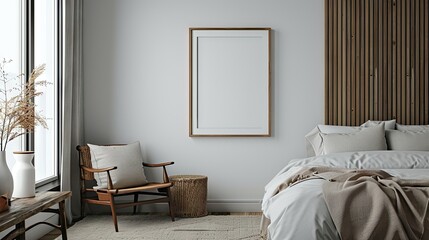 A vertical picture frame hanging on a wall in a bedroom,  