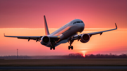 A large passenger jet taking off from a runway. Generative AI.