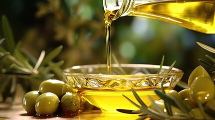 Pouring olive oil, with a work of art in the background, raining healthy food, light background  