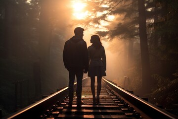 A couple standing on a railroad track at sunset. Generative AI.