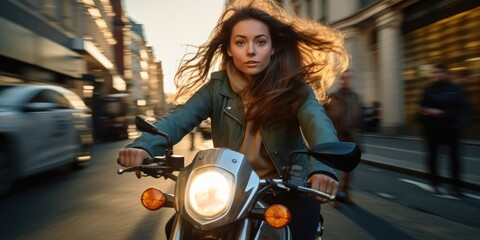 Fototapeta na wymiar A woman riding a motorcycle down a city street. Generative AI.