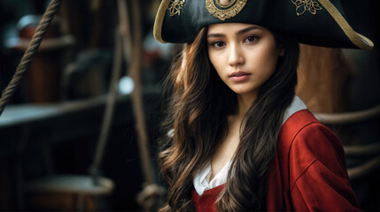Fototapeta premium Portrait of a model dressed as a pirate and standing aboard a pirate ship.