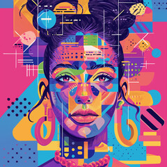 Vibrant abstract illustration of a BIPOC woman with cultural symbolism and technological elements, suitable for diverse representation.