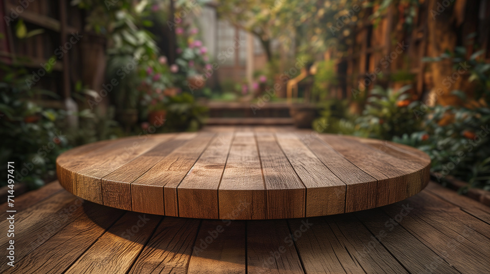 Poster 3d empty product display podium for presentations. wooden stage in a garden, surrounded by an array 