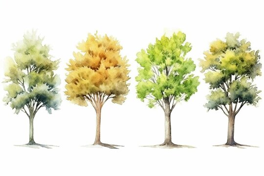 Watercolor tree illustration isolated on white background with various elements of wind, apple, oak, maple, and poplar in summer. Generative AI