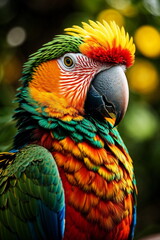 Parrot portrait close-up. Wild animals poster.