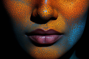 Beauty, style, make-up, fine-art concept. Abstract and surreal colorful woman close-up portrait illustration. Vivid colors, tiny details, minimalist style