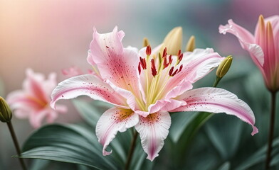Flowers background . Beautiful pink lily flowers on pastel blured green background. Copy space. wallpaper