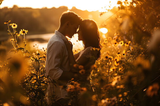 Sunset Silhouette: Loving couple shares a kiss in the park, surrounded by the warmth of nature, with a parent and child enjoying a beautiful evening together by the beach