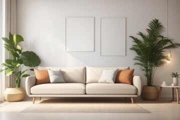 Scandinavian Interior home design of modern living room with beige sofa and houseplant with poster frame on white wall