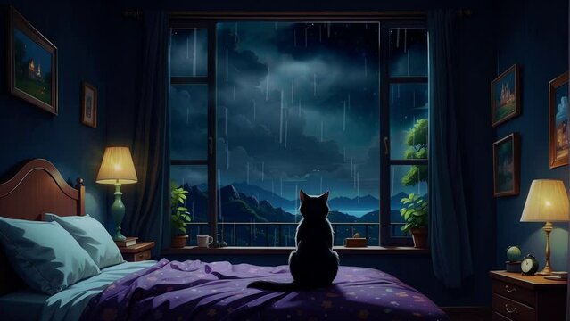 a black cat in a bedroom watching the rain from window