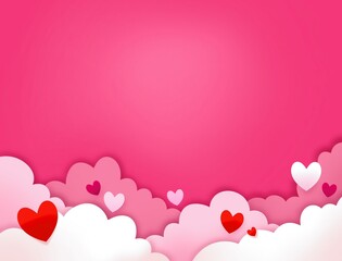 Beautiful and cute pink happy valentine's day with cloudscape sky and hearts decoration isolated on copy spaced blank empty horizontal background for social media post, website post, poster design.
