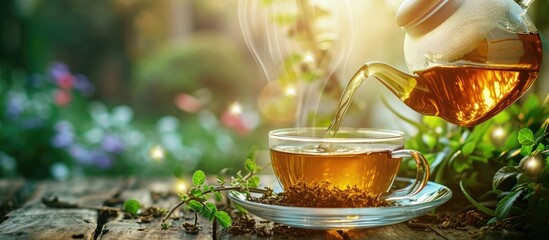 Pouring herbal tea from a teapot into a cup. - obrazy, fototapety, plakaty