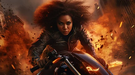 Foto op Plexiglas Action shot with black woman on the bike riding away from fire and explosion. Dynamic scene in action movie blockbuster style © swillklitch