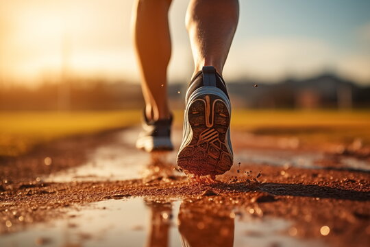 Close Up Legs With Sports Shoes Running On A Track, Waking. Feet On Road. Natural Light. Generated AI