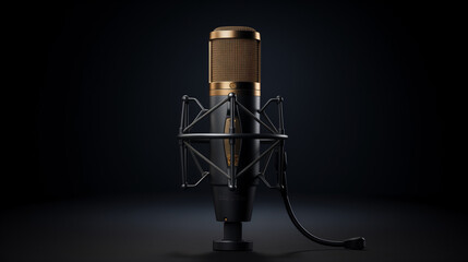 studio condenser microphone, isolated on black, Studio microphone and pop shield on mic in the empty recording studio with copy space, Ganerative AI - obrazy, fototapety, plakaty