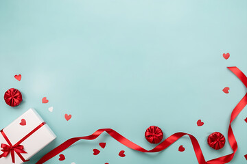 Valentine's day background with red ribbon and gift box on blue background