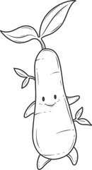 Hand drawn of a cute smiling cartoon eggplant with leaves.