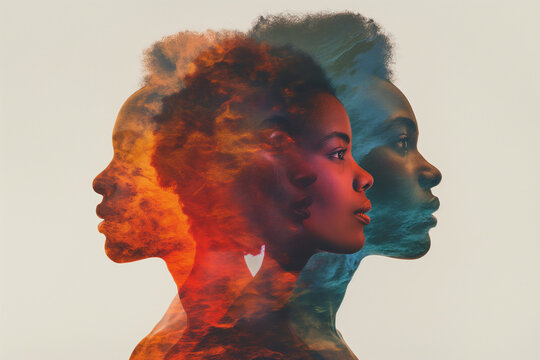 An illustration featuring double exposure profiles of African American individuals, symbolizing Black History Month and cultural reflection.