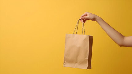 hand holding shopping bag.sale banner with empty space, generative ai