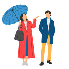 Young man and woman with umbrella, look up, different colors, cartoon character, couple silhouettes of standing business people, students, flat icon design concept isolated on white background