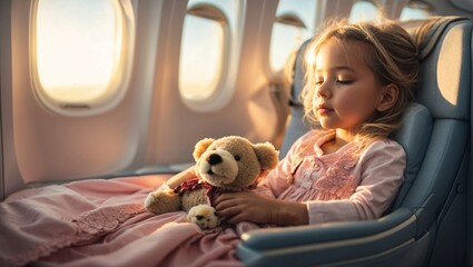 A little girl peacefully sleeping on the airplane