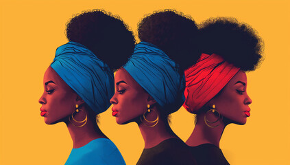 Artistic illustration of three black women in profile with colorful turbans, symbolizing empowerment and diversity.