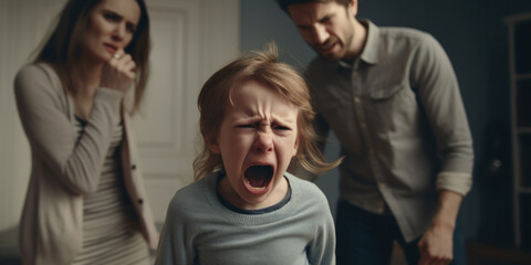 A young child crying loudly in distress with anxious parents trying to soothe and calm them down in a home setting.