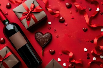 Valentine's Day Wine Bottle Chocolate Pieces Gift box with red ribbon and envelope on red background with white hearts