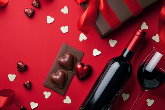 Valentine's Day Wine Bottle Chocolate Pieces Gift box with red ribbon and envelope on red background with white hearts
