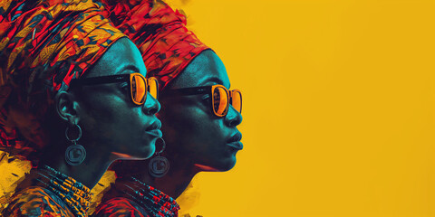 Image celebrating Africa Day with two profiles of a woman in traditional attire against a yellow background, embodying African freedom and heritage.