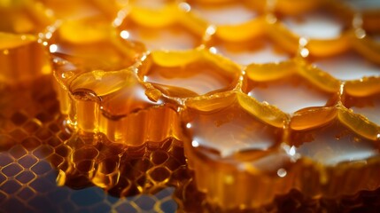 Macro photography of a honeycomb with honey in an apiary. An image of beekeeping and honey production.
