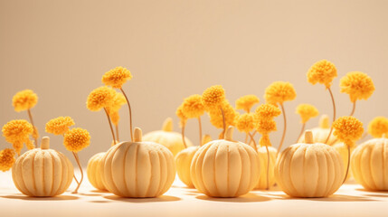 A whimsical arrangement of white pumpkins and vibrant yellow flowers, capturing the essence of autumn's charm.