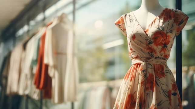 Elegant floral dress on a mannequin displayed in a boutique window, inviting passersby with its chic and trendy design.