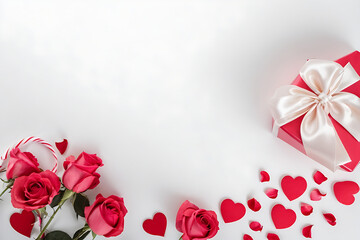 Valentine's day frame made of pink and red flowers, gift box with red paper heart on white background, top view with copy space