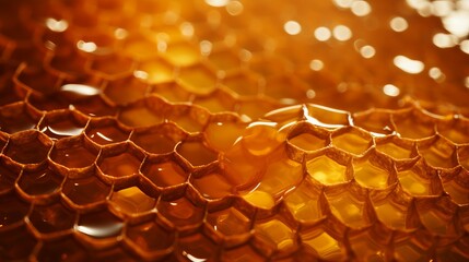 Close-up of golden honeycomb with honey. Macro photography of bee products in the apiary in summer. - obrazy, fototapety, plakaty