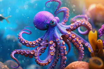 Colorful and friendly sea creatures with fins, tentacles and underwater themed details