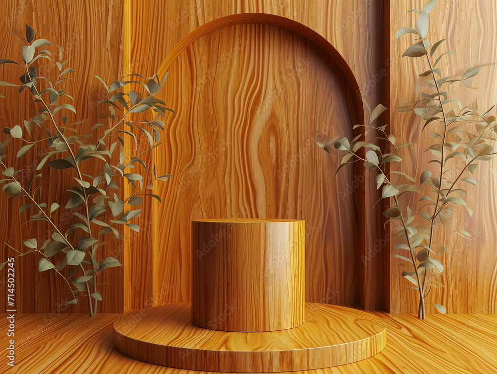 Poster 3d empty product display podium for presentations. wooden podium with subtle eucalyptus branches, se