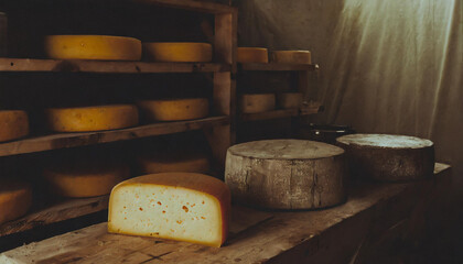 Cheese workshop, cheese cut in half, wooden shelf, wooden stand, close-up