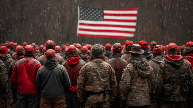 Political Polarization - Political Divide - Hypothetical Civil Division -  National Crisis - Political Rally -rural People Listening To Populist Leader  Give Speech - American Flag 