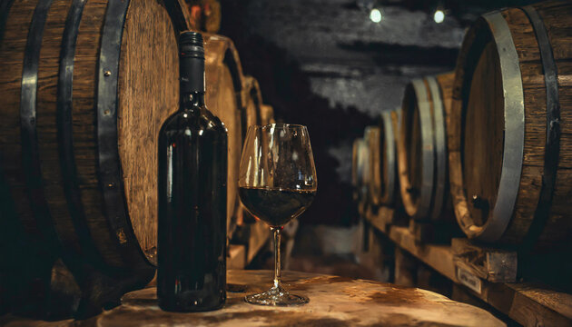 Wine workshop, lined barrels, glasses, red wine, close-up