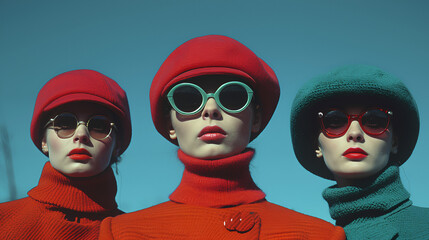 Vintage style - three women dressed in vintage 1970&rsquo;s clothing - retro vibe - classic fashion 