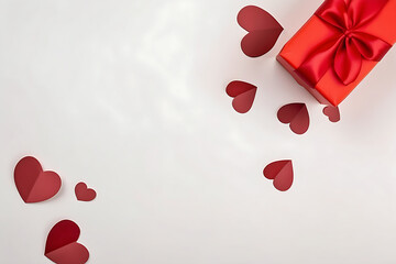Valentine's day greeting card with red hearts and gift box on white background. Top view with copy space