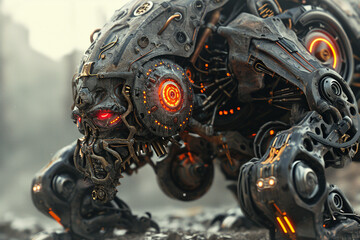 Futuristic mechanical monster with gears, bolts and robot characteristics