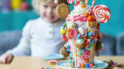 A joyful child with a massive decorated milkshake freakshake in front of them.