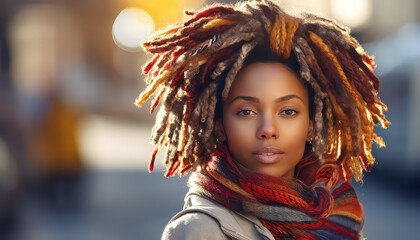 African American woman with dreadlocks outdoors, March 8 World Women's Day