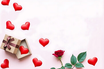 Valentine's day composition with rose flower, red heart and gift boxes. Mother day and birthday greeting card, Top view copy space for text
