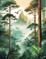 Beautiful hand drawn watercolor of a tropical jungle