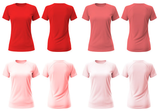 Set of Red pink front, back t-shirt woman cutout on transparent background. Mockup template product presentation.